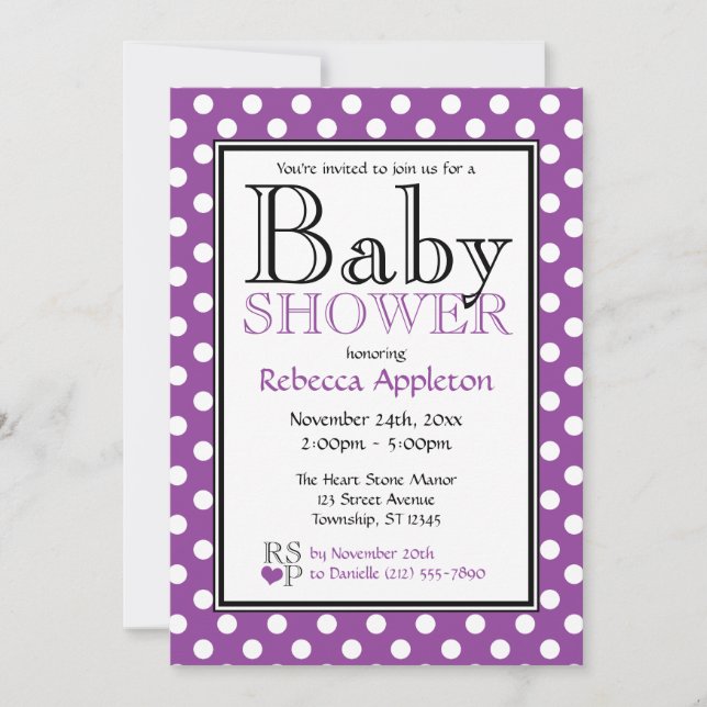 Polka Dot Lila Baby Shower Einladungen (Vorderseite)
