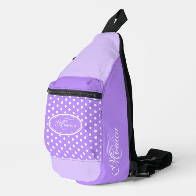 Polka dot lila und weiß personalisiert crossbody bag (Rechte Ecke)