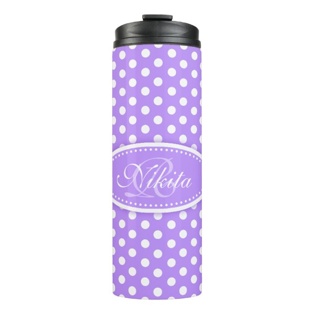 Polka dot lila und weiß personalisiert thermosbecher (Vorderseite)