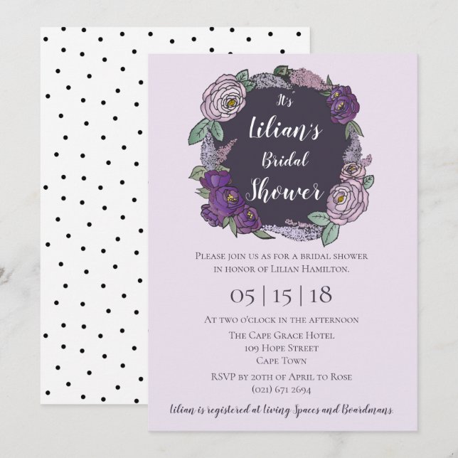 Polka Dot Lilac & Lavender Floral Brautparty Einladung (Vorne/Hinten)
