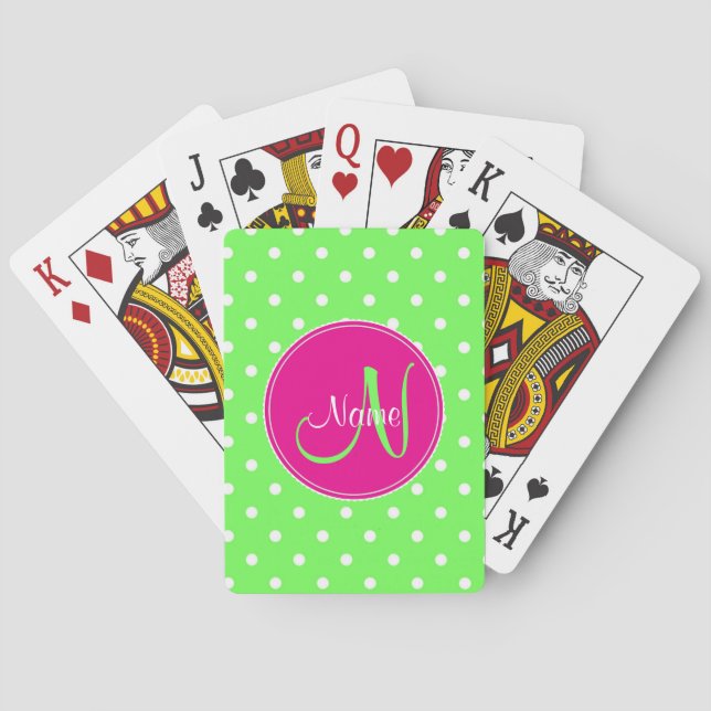 Polka dot monogramm Anfangsname Stilgrün Spielkarten (Rückseite)