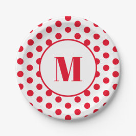 Polka Dot Monogramm erste rote Punkte auf weiß Pappteller