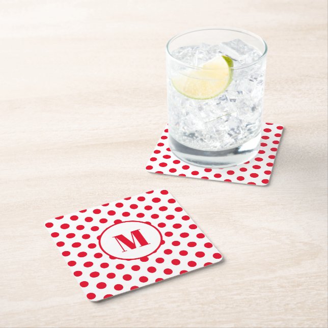 Polka Dot Monogramm erste rote Punkte auf weiß Rechteckiger Pappuntersetzer (Vor Ort)