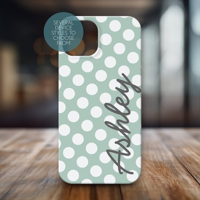 Polka Dot Muster mit Namen - grau Minze Case-Mate iPhone Hülle (Personalized Phone Case with Polka Dots and Custom Name)