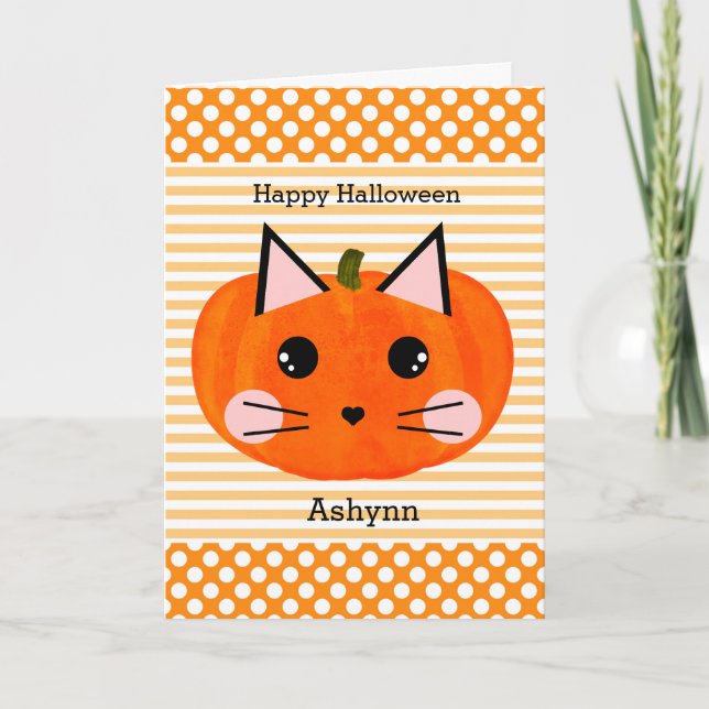 Polka Dot Orange Pumpkin Cat Happy Halloween Karte (Vorderseite)