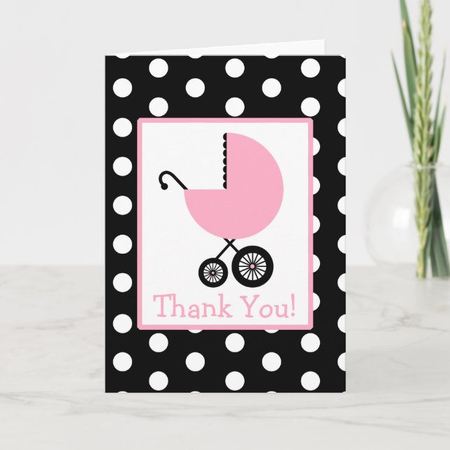 Polka Dot & Pink Carriage Baby Dusche Vielen Dank Dankeskarte (Vorderseite)