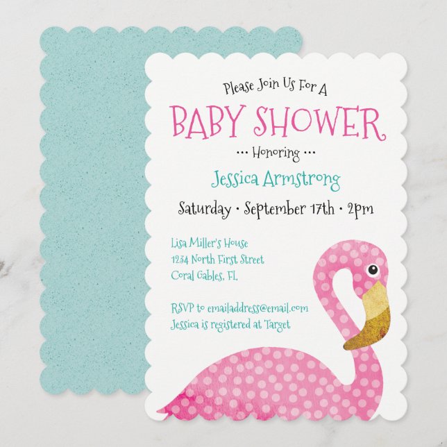 Polka Dot Pink Flamingo Baby Dusche Einladung (Vorne/Hinten)