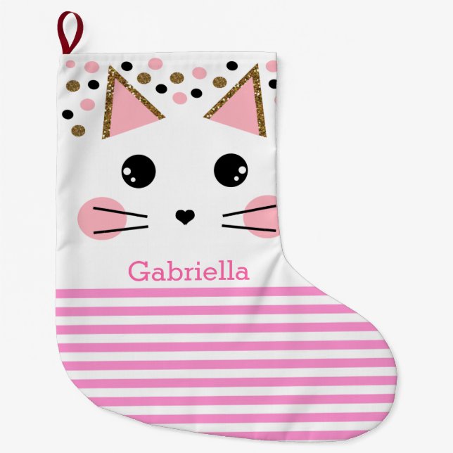 Polka Dot Pink Gold Glitzer Katzenfackel Großer Weihnachtsstrumpf (Vorderseite)