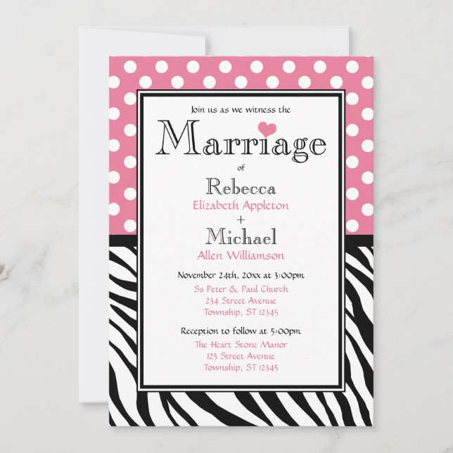 Polka Dot Pink & Zebra Print Wedding Einladungen (Vorderseite)
