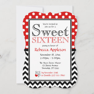 Polka Dot Red & Chevron Sweet sixteen Invitations