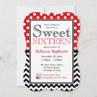 Polka Dot Red & Chevron Sweet sixteen Invitations