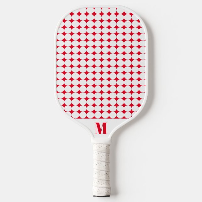 Polka Dot Red und White Modern Monogram Pickleball Schläger (Vorderseite)