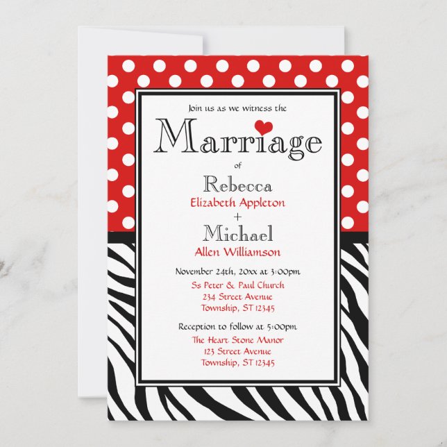 Polka Dot Red & Zebra Print Wedding Einladungen (Vorderseite)