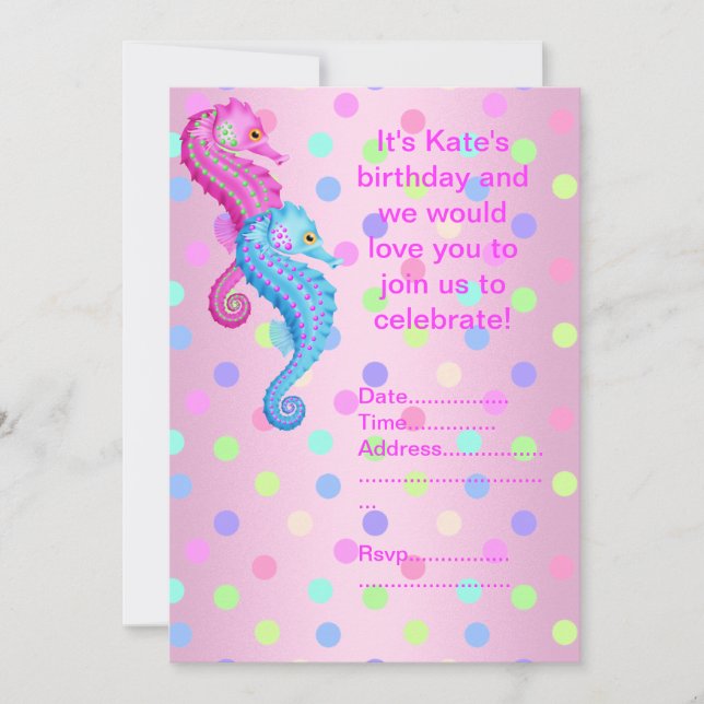 POLKA DOT SEAHORSE PARTI INVITATION rose (Devant)