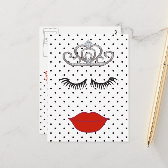 Polka Dot Shower Wo ist mein Lipstick Tiara Party Postkarte (Vorderseite/Rückseite Beispiel)
