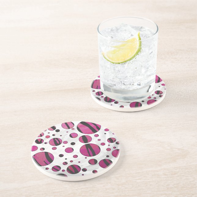 Polka Dot Tiger Hot Pink und Black Print Sandstein Untersetzer (Seite)