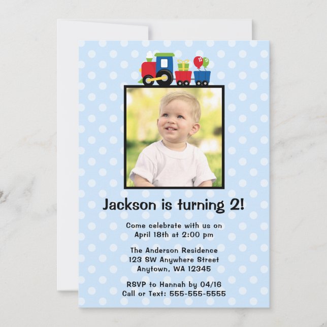 Polka Dot Train Anniversaire Boy Photo Invitations (Devant)