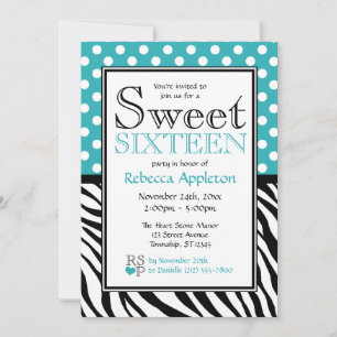 Polka Dot Turquoise & Zebra Print 16 . Geburtstag Einladung