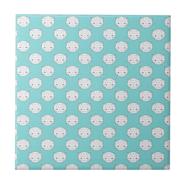 Polka Dot White Kitty Face über Aquamarin Fliese (Vorderseite)