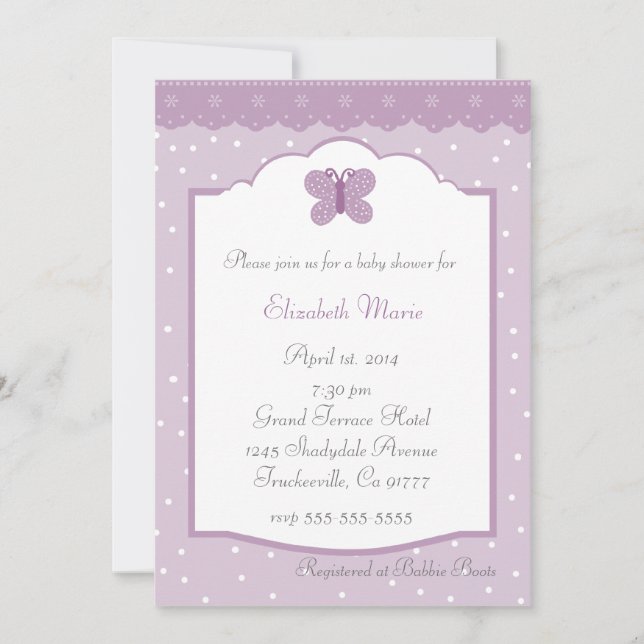 Polka Dots and Butterfly Lavender Baby Shower Einladung (Vorderseite)