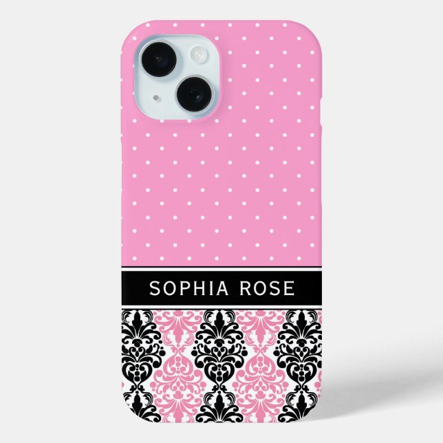 Polka Dots and Damask Pink Black Individuelle Name Case-Mate iPhone Hülle (Rückseite)