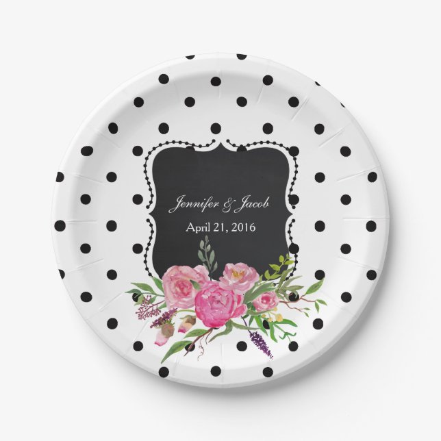 Polka Dots and Peonies Wedding Paper Plate Pappteller (Vorderseite)