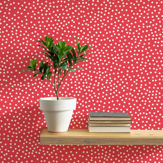 Polka Dots and Spots Cream on Red Tapete (Pretty polka dots and spots pattern peel and stick wallpaper in cream and rich festive red)