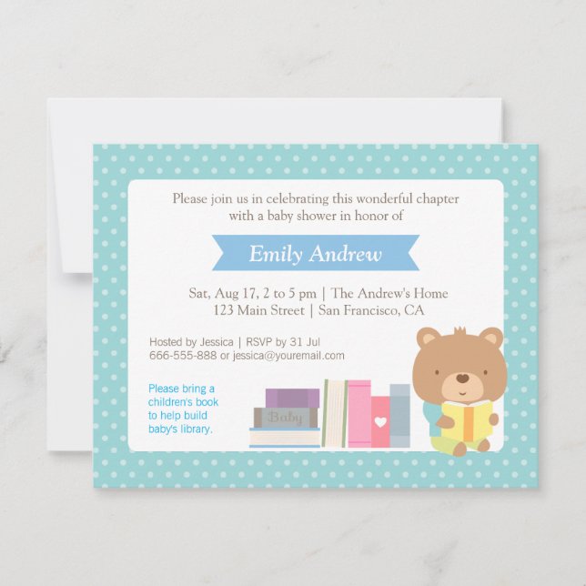 Polka Dots Buch Themed Niedlich Teddy Bear Baby Sh Einladung (Vorderseite)