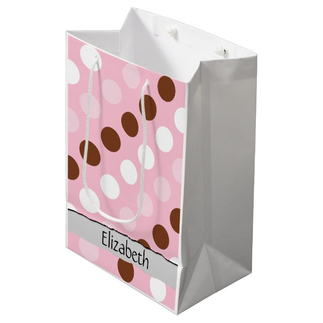Polka Dots, gepunktetes Muster, rosa, braun, Ihr N Mittlere Geschenktüte (Vorderseite Schrägansicht)