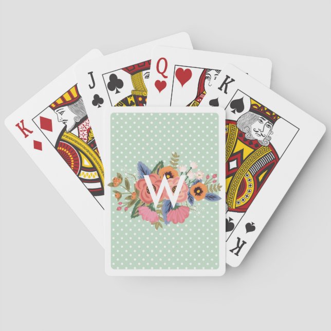 Polka Dots Green Pastel Blume Monogram Spielkarten (Rückseite)