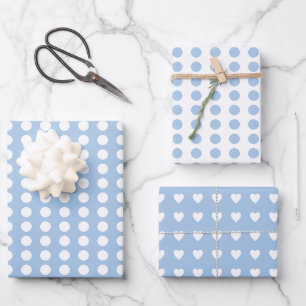 Polka dots herzen weiß pastellblau geschenkpapier set