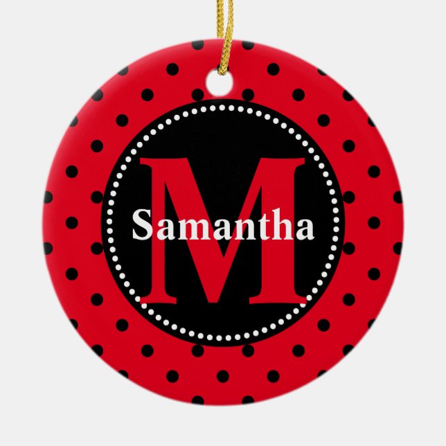 Polka Dots in Rot und Schwarz Personalisiert Keramik Ornament (Vorne)