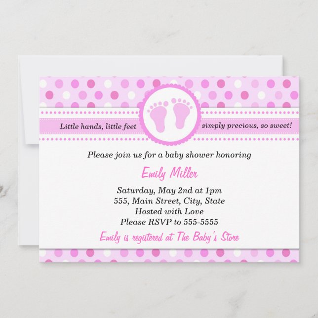 Polka Dots Invitation Baby Girl Dusche Pink Einladung (Vorderseite)