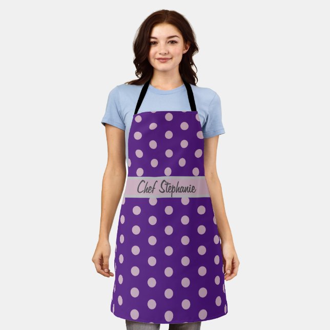 Polka Dots Lila hier Ihren Namen Schürze (Getragen)