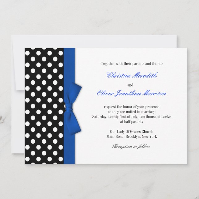 Polka Dots mit Blue Bow Wedding Einladung (Vorderseite)