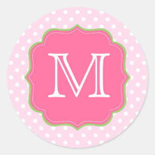 Polka Dots Monogramm Rosa und Grün Runder Aufkleber