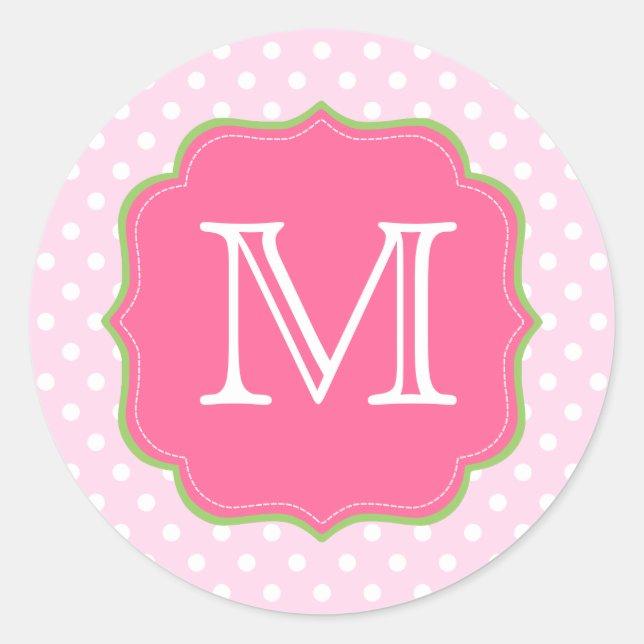 Polka Dots Monogramm Rosa und Grün Runder Aufkleber (Vorderseite)