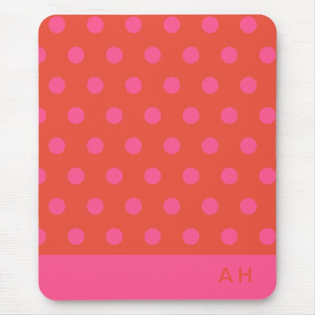 Polka Dots Pink und Rot Orange mit Monogramm Mousepad (Vorne)