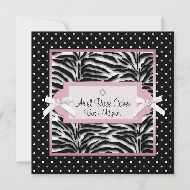Polka Dots Pink Zebra Bat Mitzvah Einladungen (Vorderseite)