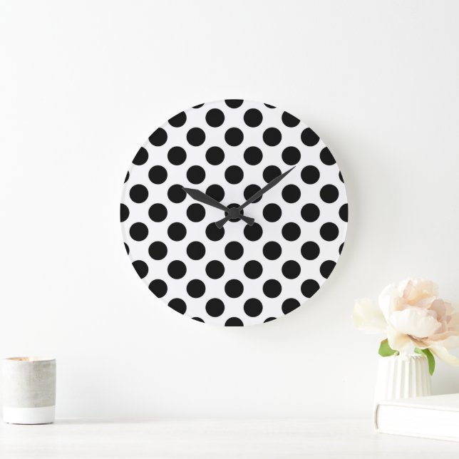 Polka Dots, Polka Dot Pattern, Schwarz und Weiß Große Wanduhr (Zuhause)