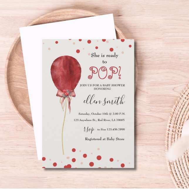 Polka Dots Red Balloon Bereit zum Pop Einladung (Front Polka Dots Red Balloon Ready to Pop Invitation)
