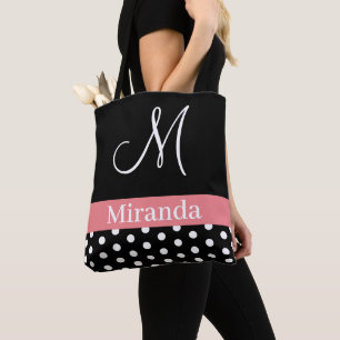 Polka Dots Schwarz-weiß Pink Monogram Script Tasche