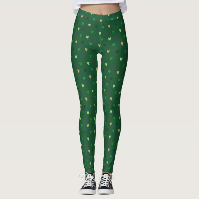 Polka Herzen auf Waldgrün Leggings (Vorderseite)