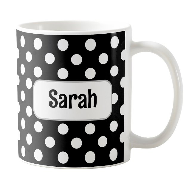 Polka Noir Personnalisé Pot Mug (Personalized Black Polka Dot Mug at Amy's Coffee Mugs on Zazzle. )
