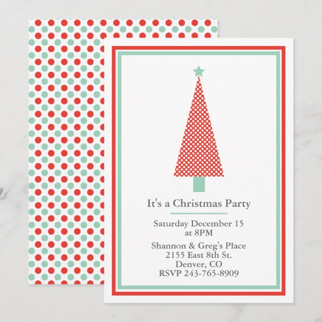 Polka-Punkt-Weihnachtsbaum-Feiertags-Party Einladung (Vorne/Hinten)