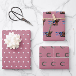 Polka-Punkte, Ross/Blau-Band. Pferdeschuhe, rosa Geschenkpapier Set