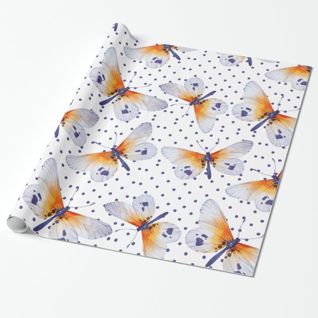 Polka-Punkte und Schmetterlinge Geschenkpapier (Ungerollt)