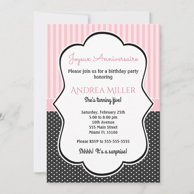 Polka Schwarz-weiß Pink Stripes Birthday Einladung (Vorderseite)