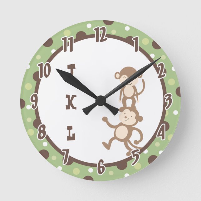 Polkadot Green Funky Monkey Dancing Jungle Clock Runde Wanduhr (Vorderseite)