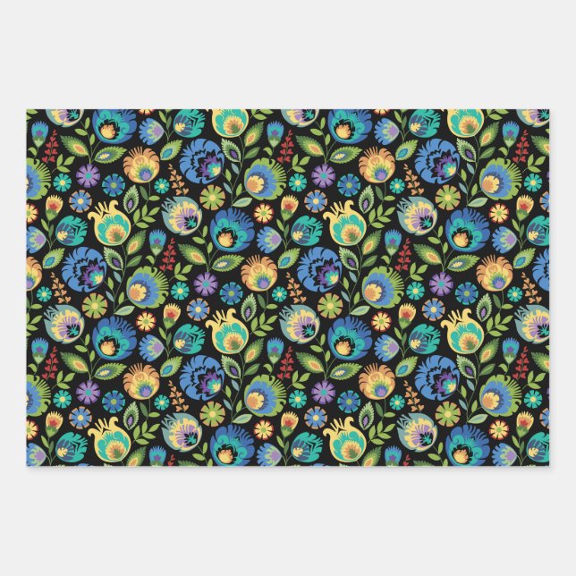 Polnisch Wycinanki Floral auf schwarz Geschenkpapier Set (Vorderseite)